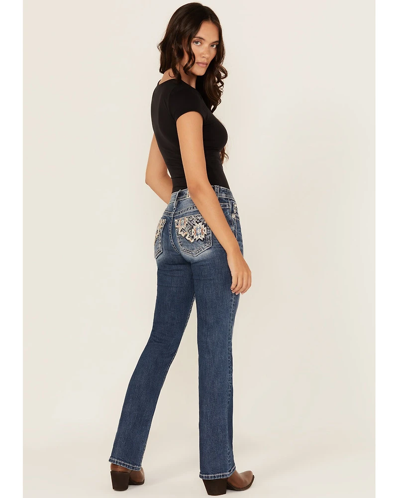Miss Me Women's Medium Wash Mid Rise Geo Pocket 32" Bootcut Stretch Denim Jeans
