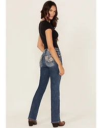 Miss Me Women's Medium Wash Mid Rise Geo Pocket 32" Bootcut Stretch Denim Jeans