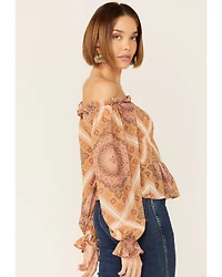 Flying Tomato Women's Boho Print Cold Shoulder Top