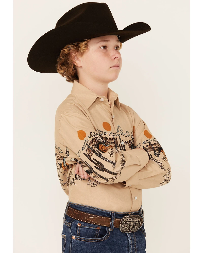 Panhandle Boys' Cowboy Border Print Long Sleeve Pearl Snap Western Shirt
