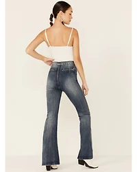 Flying Tomato Women's High Rise Dark Acid Wash Front Pintuck Flare Jeans