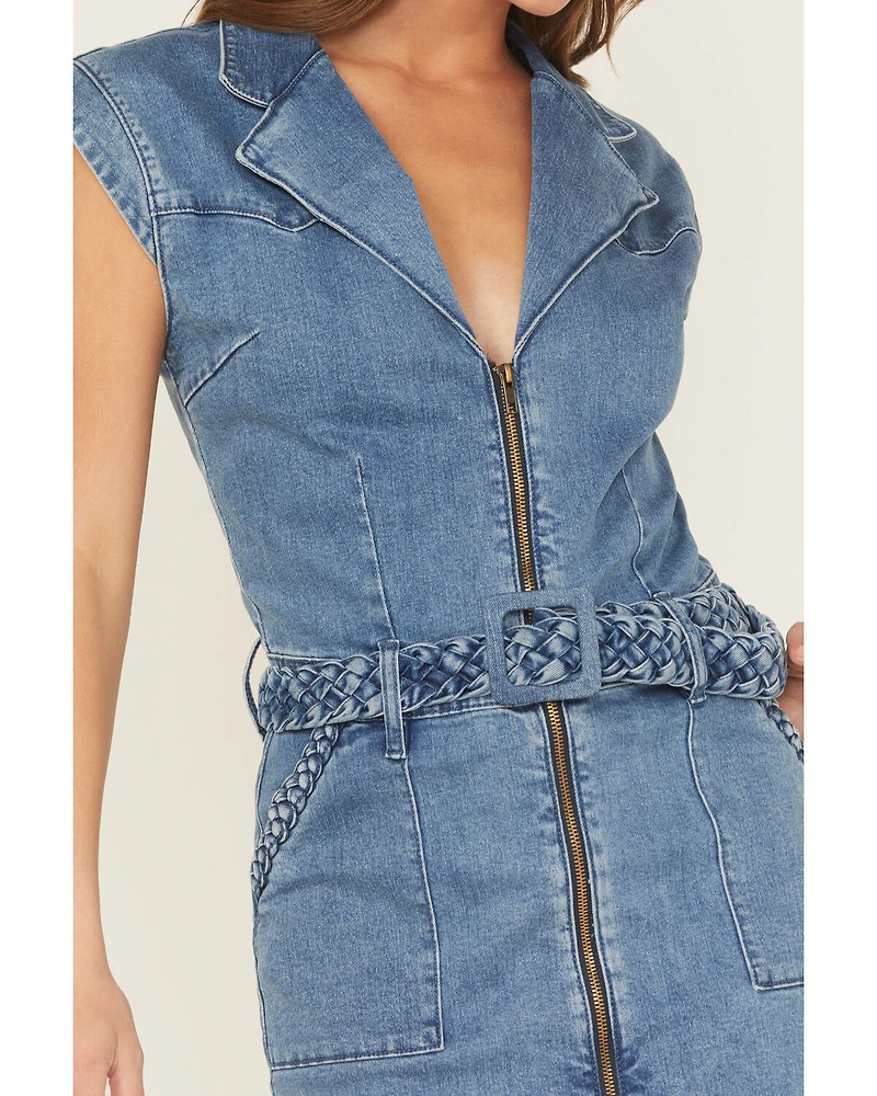 Rock & Roll Denim Women's Medium Wash Braided Short Sleeve Mini Dress