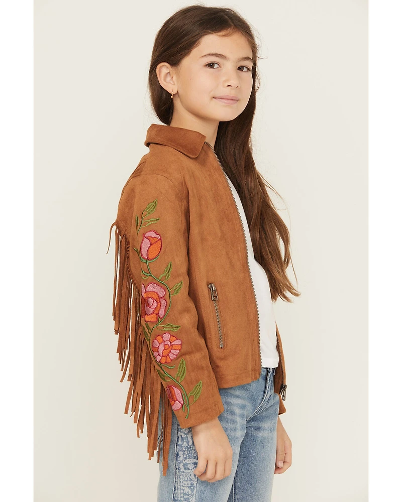 Fornia Girls' Floral Embroidered Fringe Jacket