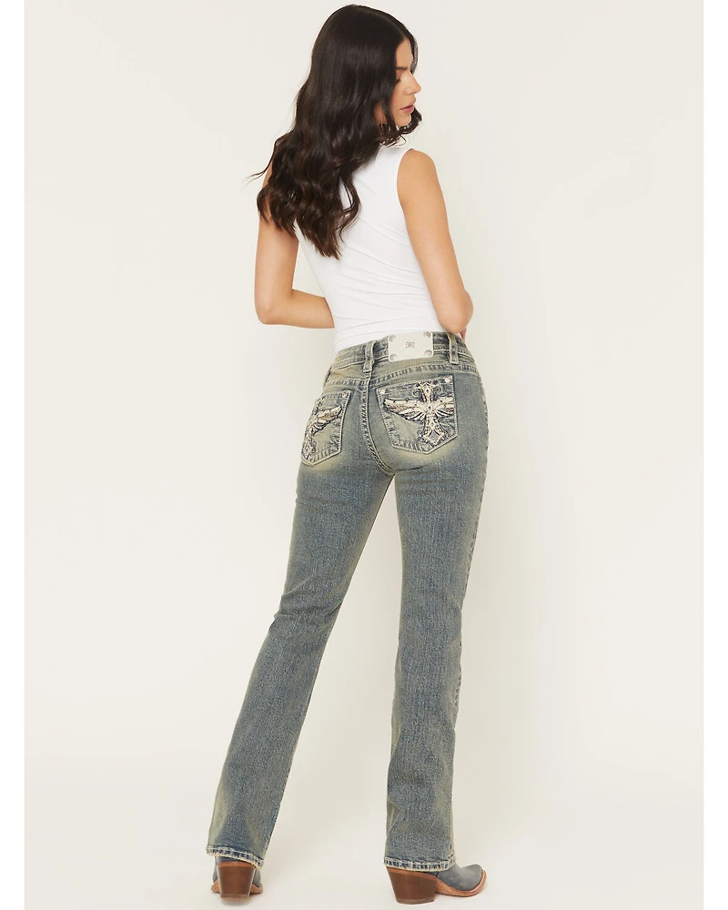Miss Me Women's Dark Wash Mid Rise Winged Pocket 32" Bootcut Stretch Denim Jeans