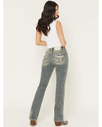 Miss Me Women's Dark Wash Mid Rise Winged Pocket 32" Bootcut Stretch Denim Jeans