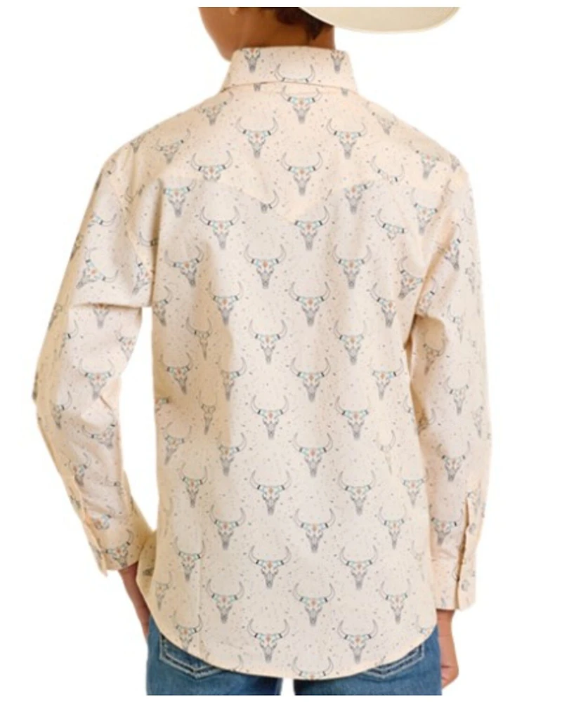 Rock & Roll Denim Boys' Longhorn Print Long Sleeve Snap Western Shirt