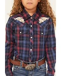 Ely Walker Girls' Plaid Print Rose Embroidered Long Sleeve Pearl Snap Western Shirt