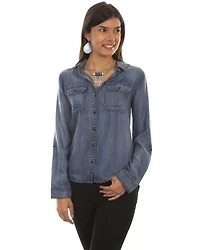 Honey Creek by Sully Women's Denim Hi-Low Lace-Up Blouse