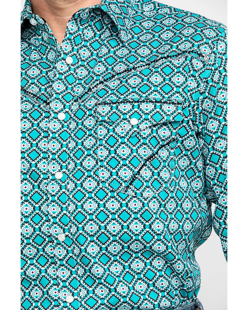 Rock 47 By Wrangler Men's Teal Geo Print Long Sleeve Western Shirt