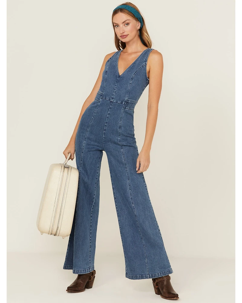Flying Tomato Women's Denim Medium Wash Tie Back Jumpsuit
