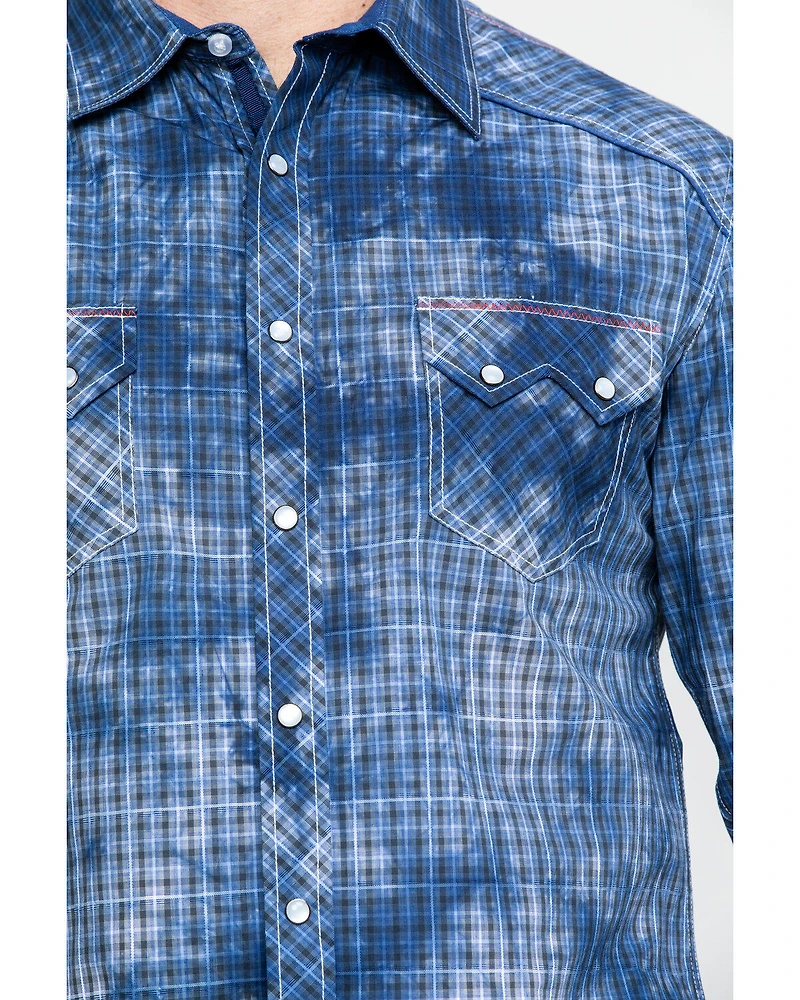 Rock & Roll Denim Men's Spray Washed Satin Plaid Long Sleeve Western Shirt