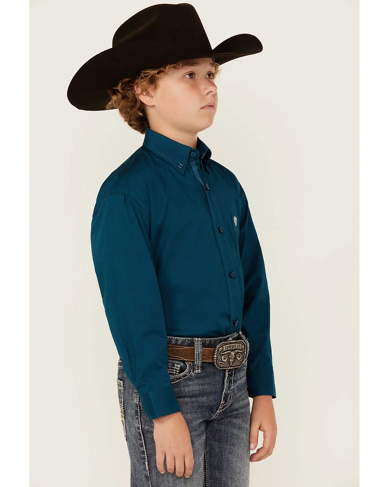 Panhandle Select Boys' Solid Long Sleeve Button-Down Stretch Western Shirt