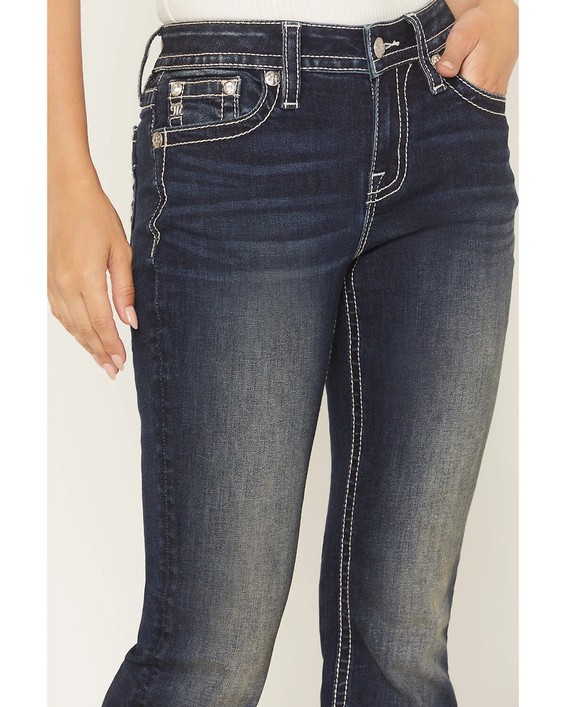 Miss Me Women's Dark Wash Mid Rise Cow Print Pocket 32" Bootcut Stretch Denim Jeans