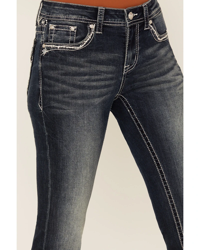 Grace LA Women's Dark Wash Floral Paisley Embroidered Mid Rise Bootcut Stretch Denim Jeans