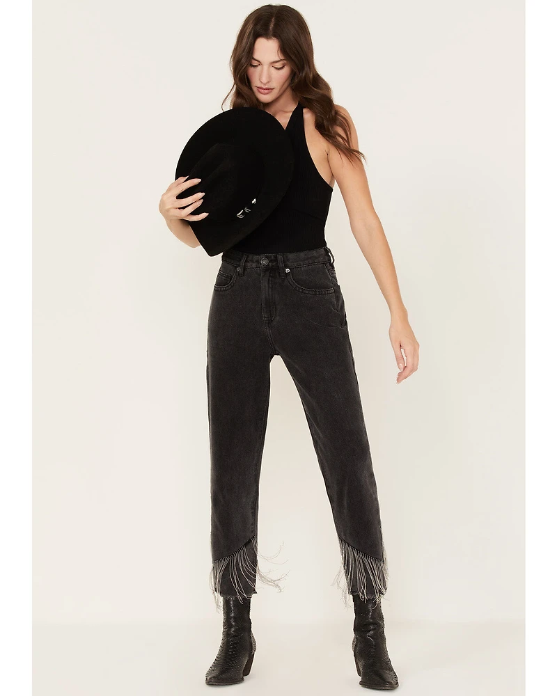 Rock & Roll Denim Women's Dark Wash High Rise Fringe Cropped Straight Jeans