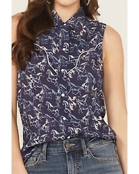 Rock & Roll Denim Women's Running Horses Sleeveless Snap Western Shirt