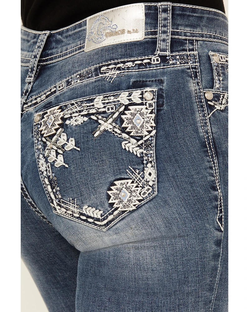 Grace LA Women's Medium Wash Geo Print Embroidered Mid Rise Bootcut Stretch Denim Jeans
