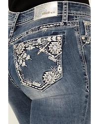 Grace LA Women's Medium Wash Geo Print Embroidered Mid Rise Bootcut Stretch Denim Jeans