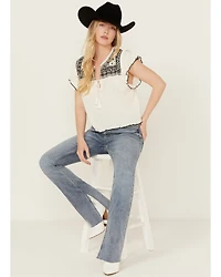 Free People Women's Ribbed Short Sleeve Embroidered Shirt