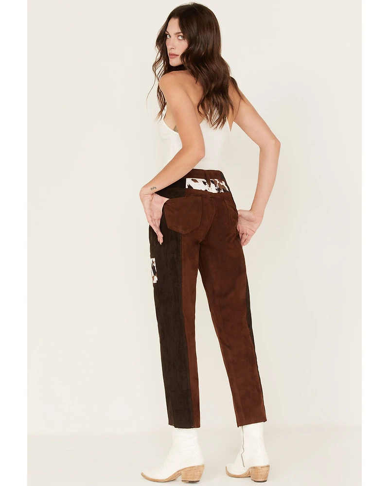 Rock & Roll Denim Women's Two Tone Color Block Faux Suede High Rise Straight Pants