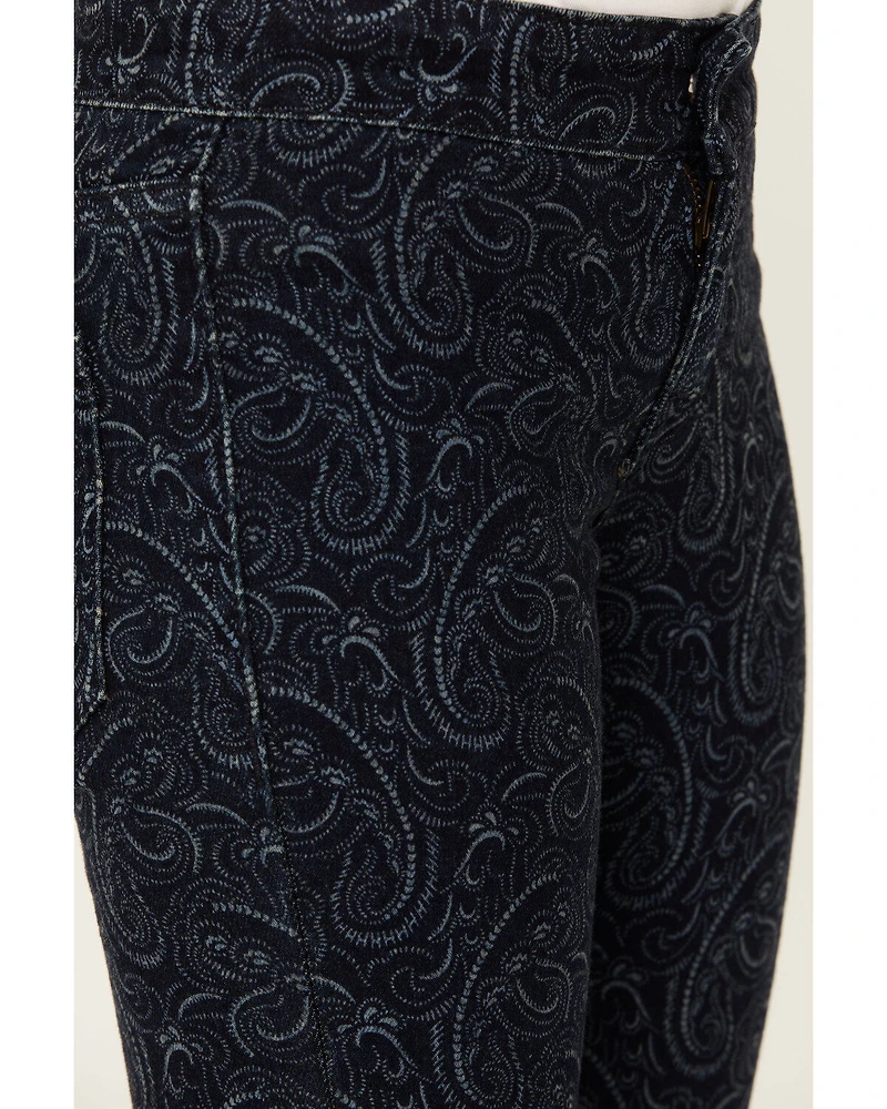 Rock & Roll Denim Girls' Dark Wash Paisley Print Button Stretch Flare Jeans