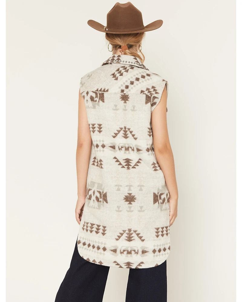 Ashley Women's Southwestern Print Studded Button-Down Long Vest