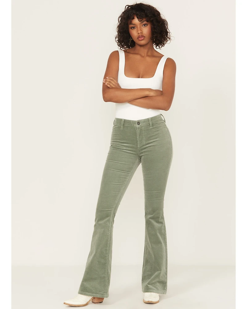 Rock & Roll Denim Women's High Rise Bargain Corduroy Button Flare Jeans