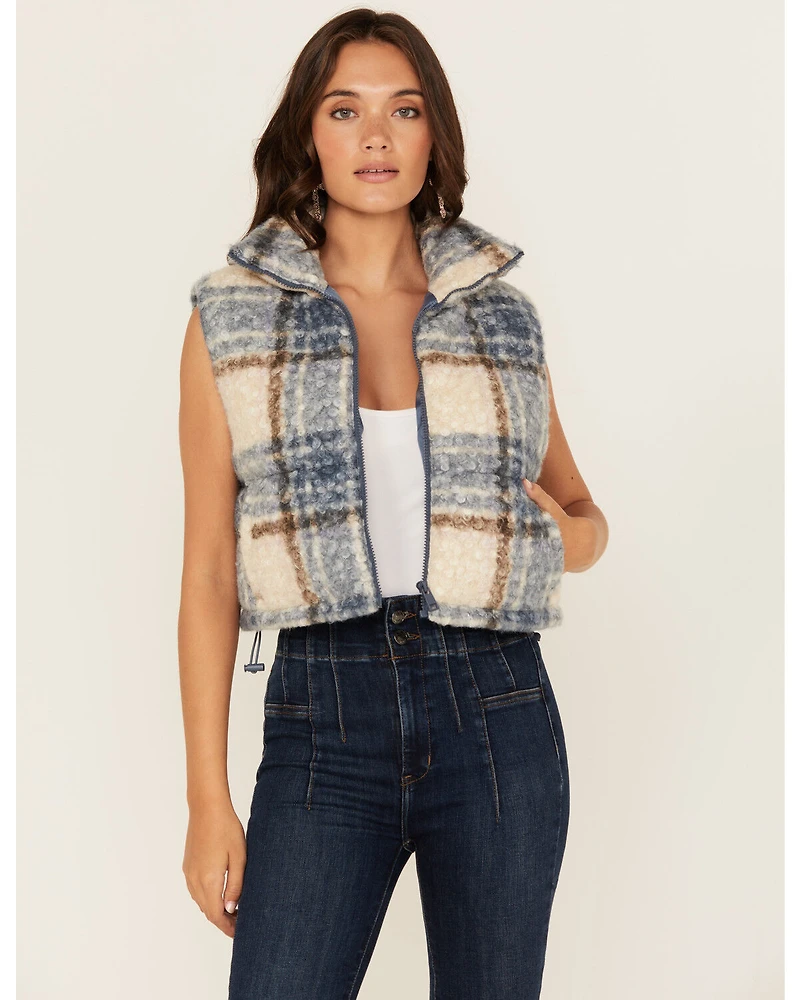 Stooch Women's Plaid Print Zip-Up Cropped Puffer Vest