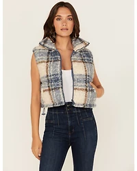 Stooch Women's Plaid Print Zip-Up Cropped Puffer Vest