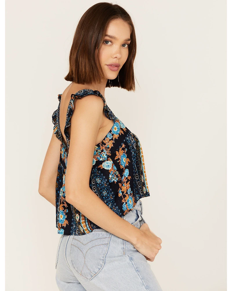 Band of the Free Women's Sleepless Nights Stripe Floral Print Ruffle Sleeveless Top