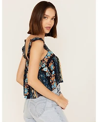 Band of the Free Women's Sleepless Nights Stripe Floral Print Ruffle Sleeveless Top