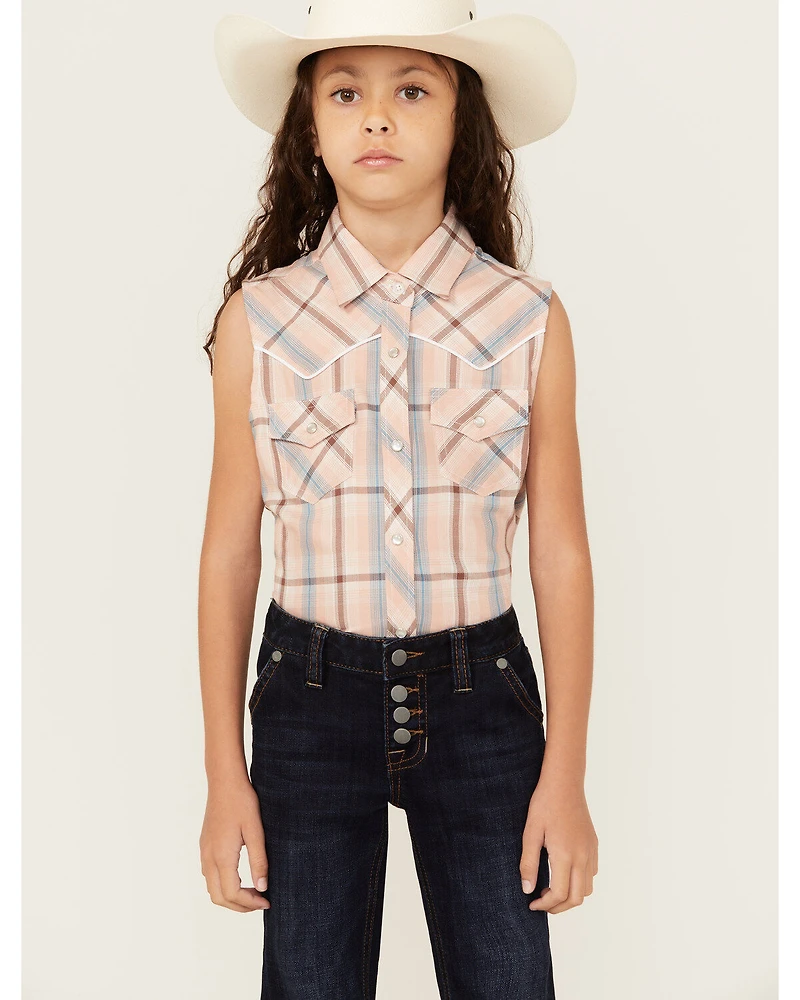Cumberland Outfitters Girls' Plaid Print Sleeveless Pearl Snap Western Shirt