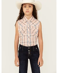 Cumberland Outfitters Girls' Plaid Print Sleeveless Pearl Snap Western Shirt