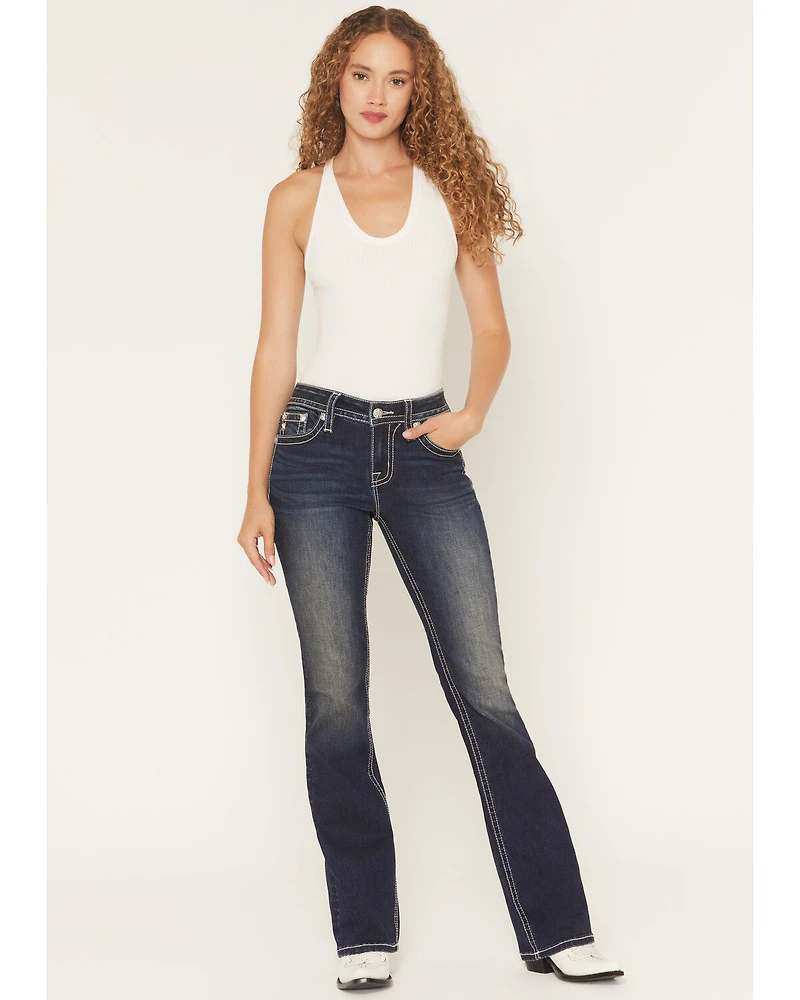 Miss Me Women's Dark Wash Mid Rise Cow Print Pocket 32" Bootcut Stretch Denim Jeans