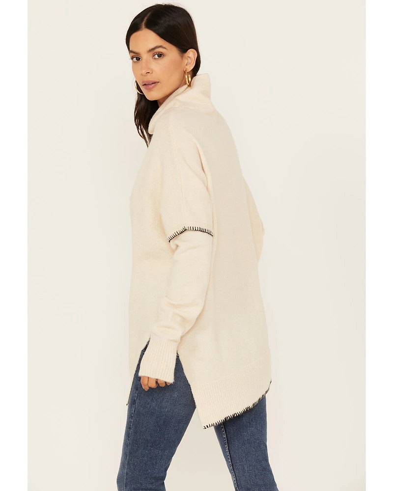 Revel Women's Asymmetrical Contrast Stitch Turtleneck Sweater