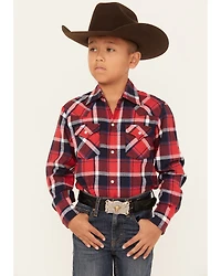 Ely Walker Boys' Plaid Print Brushed Flannel Long Sleeve Pearl Snap Western Shirt