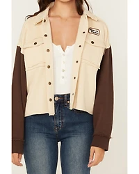 Cleo + Wolf Women's Color Block Graphic Print Snap Cropped Shacket