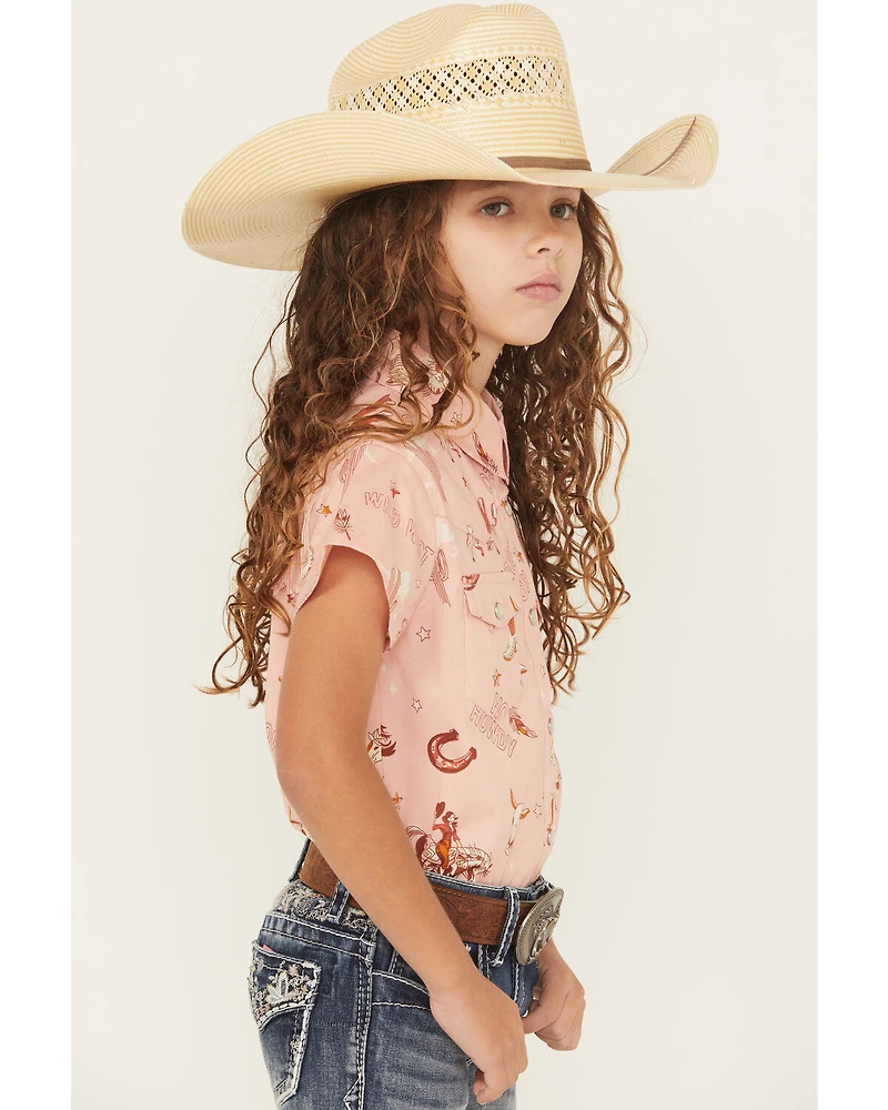 Shyanne Girls' Conversational Print Fringe Short Sleeve Snap Stretch Western Shirt