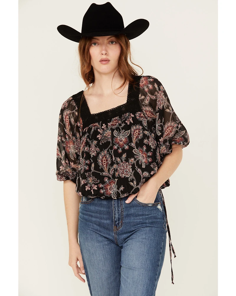 Wild Moss Women's Floral Pais Short Sleeve Peasant Top