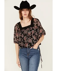 Wild Moss Women's Floral Pais Short Sleeve Peasant Top