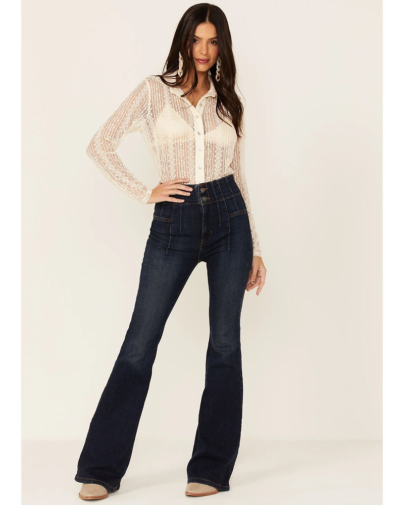 Wild Moss Women's Lace Button Front Sheer Long Sleeve Shirt