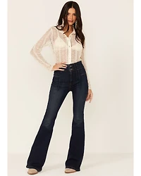 Wild Moss Women's Lace Button Front Sheer Long Sleeve Shirt