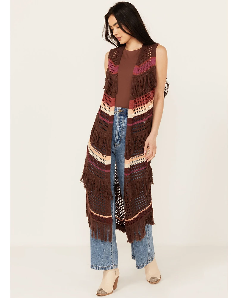Shyanne Women's Long Striped Crochet Fringe Sweater Vest