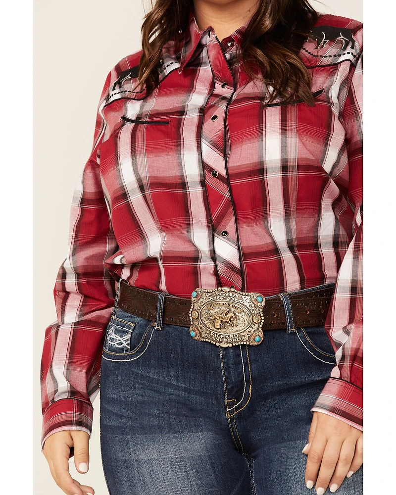 Roper Women's Plaid Print Bull Embroidered Yoke Long Sleeve Snap Western Core Shirt - Plus