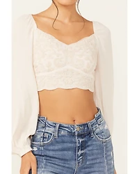 Shyanne Women's Embroidered Mesh Dot Poet Sleeve Crop Top