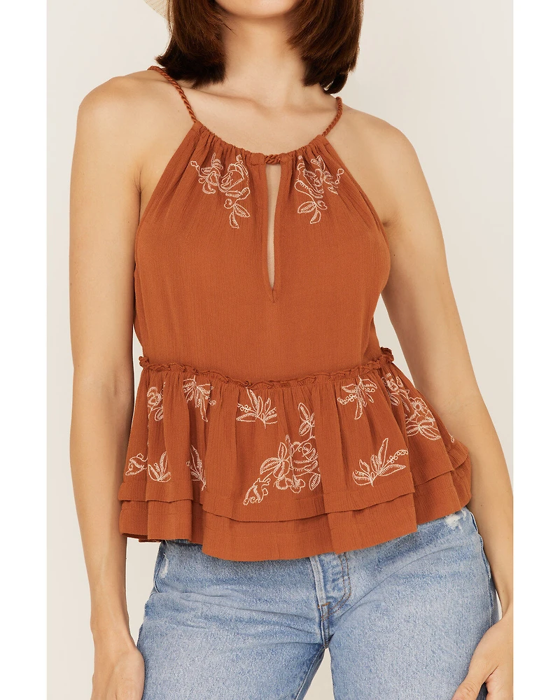 Shyanne Women's Textured Ruffle Embroidered Halter Keyhole Tank Top