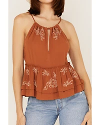 Shyanne Women's Textured Ruffle Embroidered Halter Keyhole Tank Top