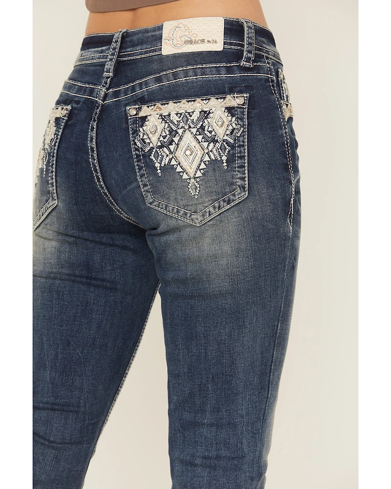 Grace LA Women's Medium Wash Diamond Embroidered Mid Rise Bootcut Stretch Denim Jeans