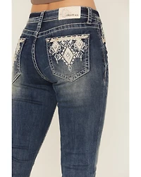 Grace LA Women's Medium Wash Diamond Embroidered Mid Rise Bootcut Stretch Denim Jeans