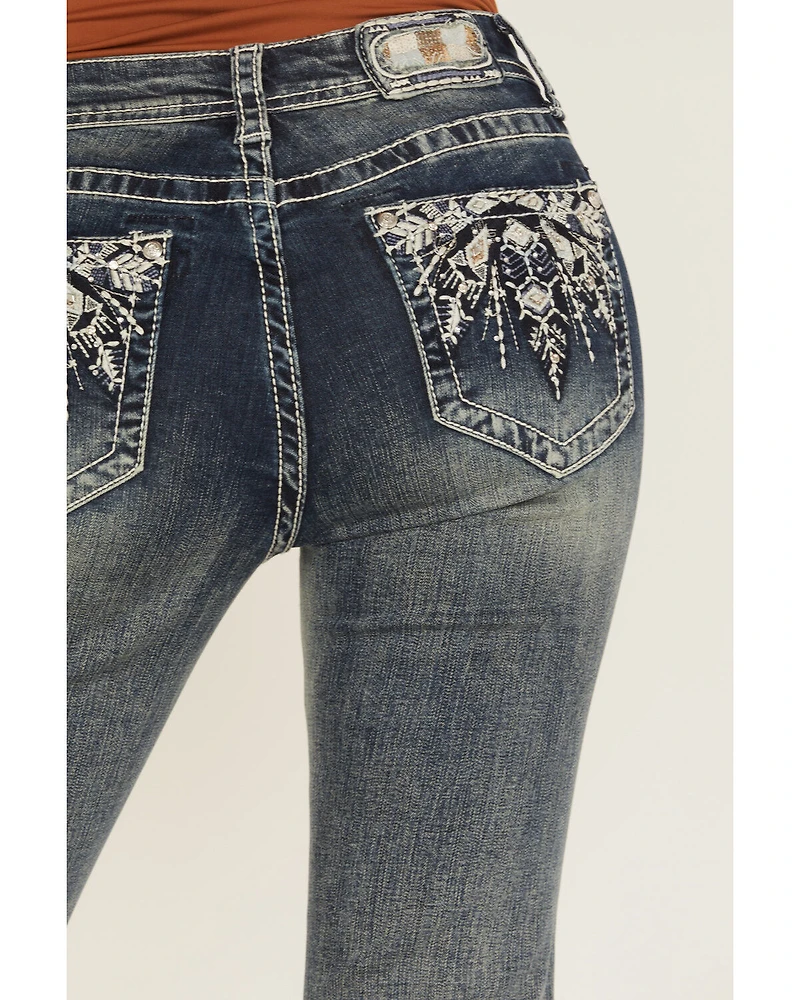 Grace LA Women's Medium Wash Floral Embroidered Mid Rise Bootcut Stretch Denim Jeans